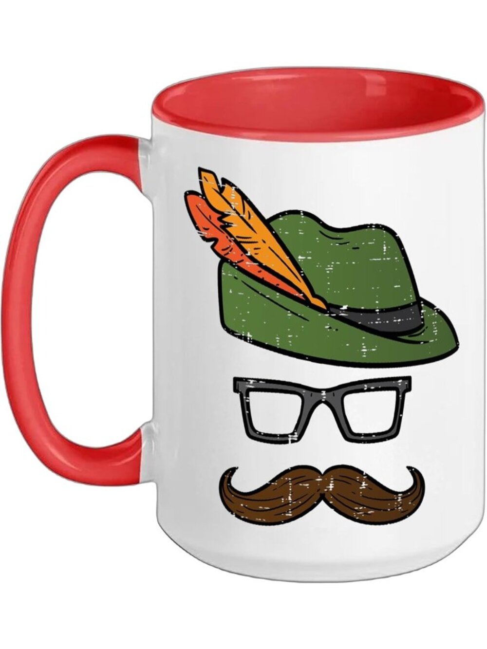 Bavarian Oktoberfest Hat & Mustache Costume Mug, Red/White, 15oz - Fun Gift!